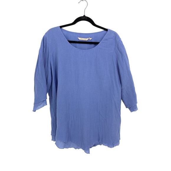 Soft Surroundings Siesta Key Tunic Top Womens Sz L Blue Cotton Gauze 3/4 Sleeve - Picture 1 of 5